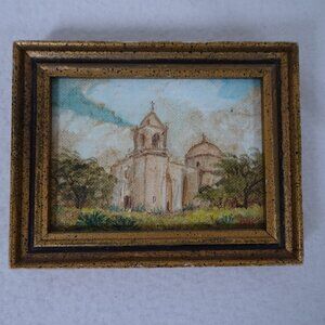 Vintage Miniature Oil Painting Landscape Church Gold Frame Signed Original